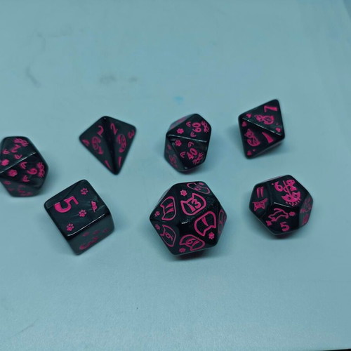 RPG Cat Lovers dice set like new, black and neon pink