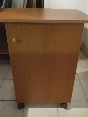 Έπιπλο γραφείου με ντουλάπι και ράφια, σαν καινούργιο, καφέ μελαμίνη, με ροδάκια