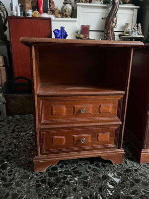 Wooden vintage nightstand used, brown with two shelves