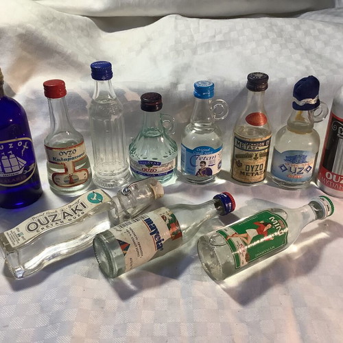 Ouzo used, set of 11 different miniatures from all over Greece