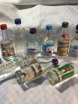 Ouzo used, set of 11 different miniatures from all over Greece