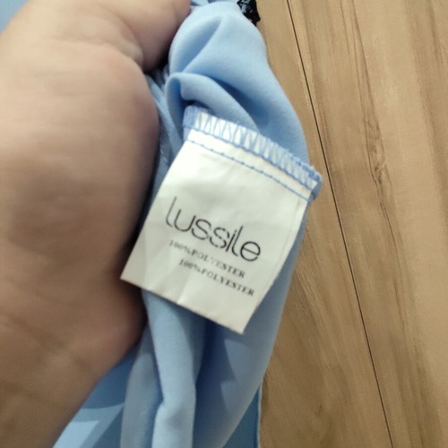 Lussile baby blue blouse with black lace and Peter Pan collar, size S
