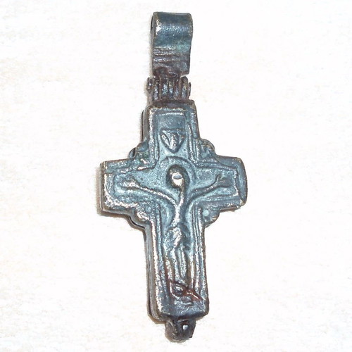 Silver old double-sided cross with case for Holy Wood or Saints' Relic used
