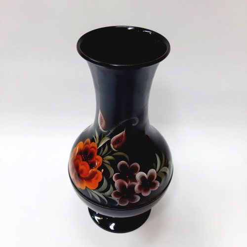 Vintage Korean Black Enamel Vase Steel Inlaid Flowers 23 cm