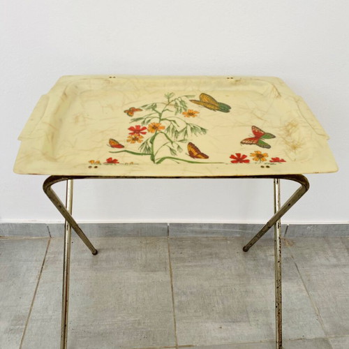 Plastic and metal Mid Century folding table used with painting and inlaid fibers