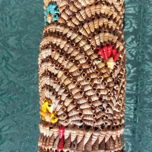 Decorative vase used, adorned with shells, handcrafted