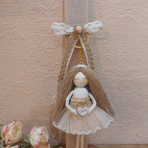 Scented candle with handmade macrame doll keychain new