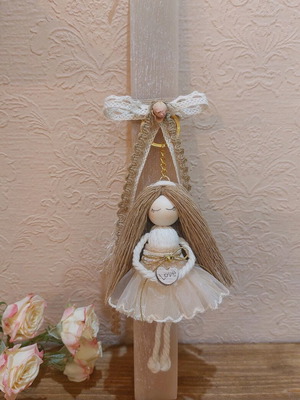 Scented candle with handmade macrame doll keychain new