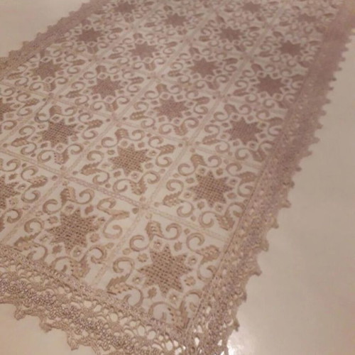 Table runner ecru with gold embroidery and lace edge like new