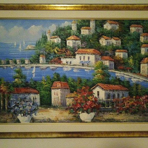 Landscape painting like new with golden frame, large size