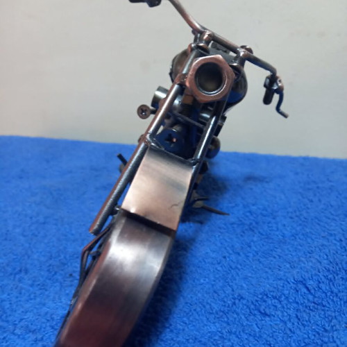 Handmade miniature metal motorcycle sculpture used, vintage chopper style