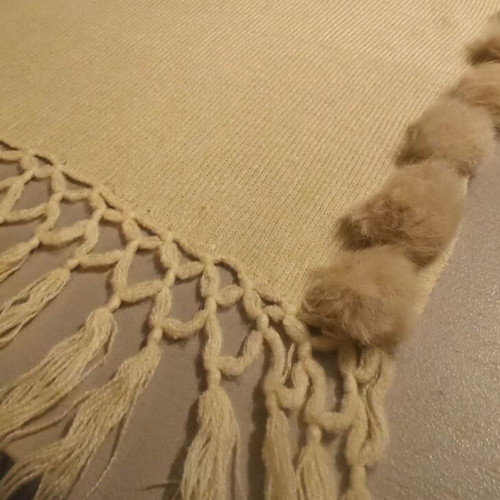 Scarf beige like new with fur pom poms and fringes