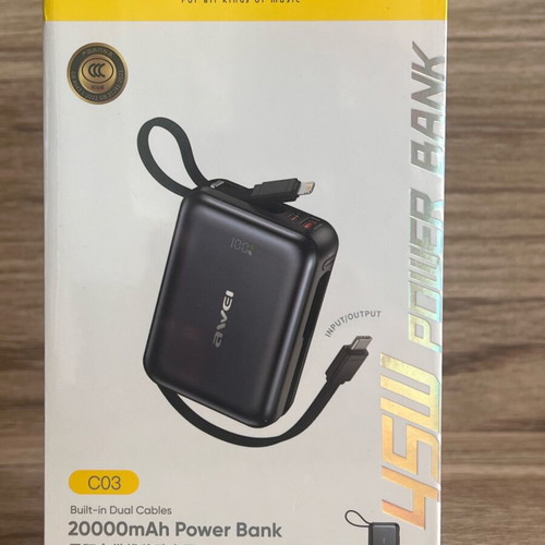 Awei C03 20000mAh Power Bank with Built-in Cables, 45W Fast Charging