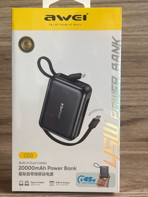 Awei C03 20000mAh Power Bank με ενσωματωμένα καλώδια, γρήγορη φόρτιση 45W