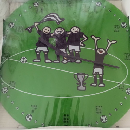 Wall clock with football theme, quartz mechanism, glass/plastic surface
