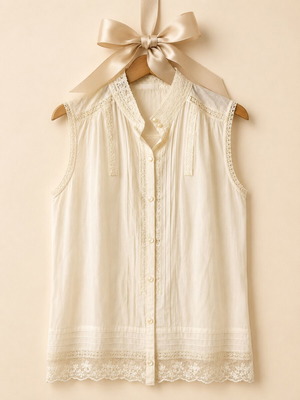i kandi Sleeveless Vintage Style Top with Embroidery and Lace like new, beige