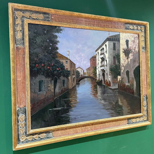 Oil painting used, embossed canal scene with handmade wooden frame
