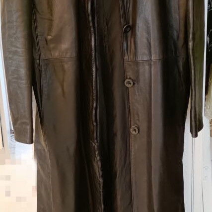 Black long leather trench coat, women's medium