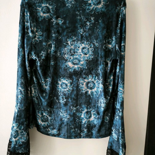Velvet blouse long-sleeve with lace new, petrol color