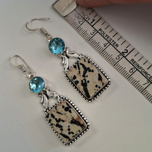 Earrings with Dalmatian Jasper and Blue Topaz in 925 Silver Plated Hooks
