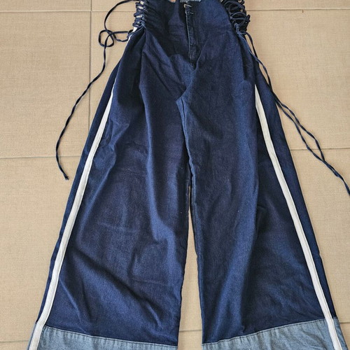 Meet to you Wide Leg Denim Jeans with Adjustable Waist, New, Blue