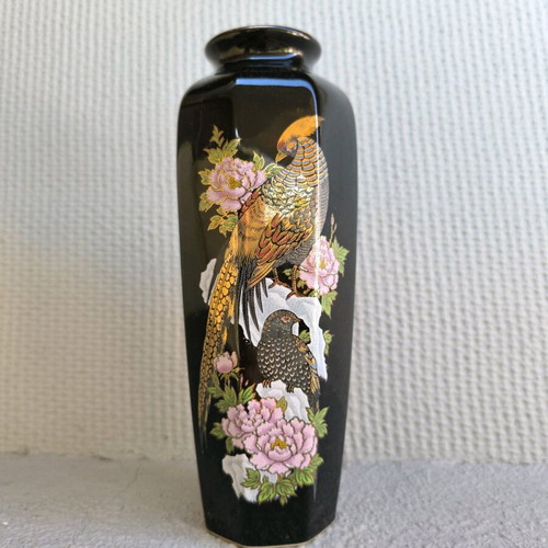 Vintage ceramic vase with pheasant and peony paintings like new