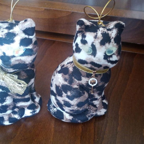 Set of Christmas handmade ornaments two leopard cats with beige and gold details like new