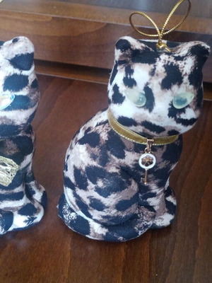 Set of Christmas handmade ornaments two leopard cats with beige and gold details like new