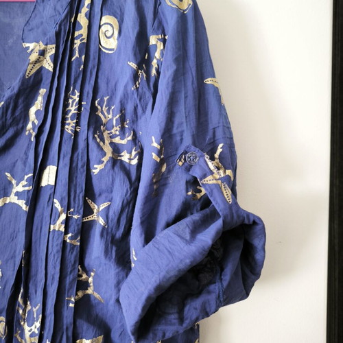 Women's blue shirt with gold designs, 3/4 sleeves, adjustable