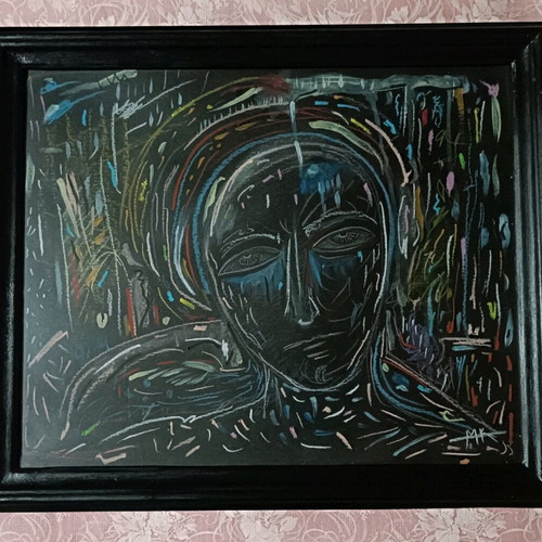 Modern painting with dry pastel and tempera on black cardboard