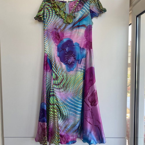 Vintage Y2K long satin dress like new, handmade, multicolor blue