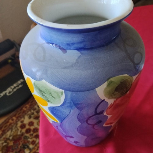 Large decorative ceramic majolica vase with colorful hand-painted flowers, Mediterranean style