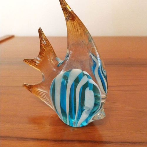 Murano Style Art Glass Fish decoration like new, blue and gold