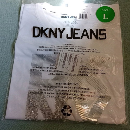 DKNY T-shirt new, white with silver logo, size L