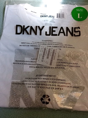 DKNY T-shirt new, white with silver logo, size L