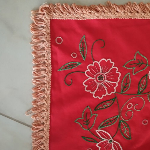 Handmade embroidered tablecloth 135x135 cm with fringes, red floral, used
