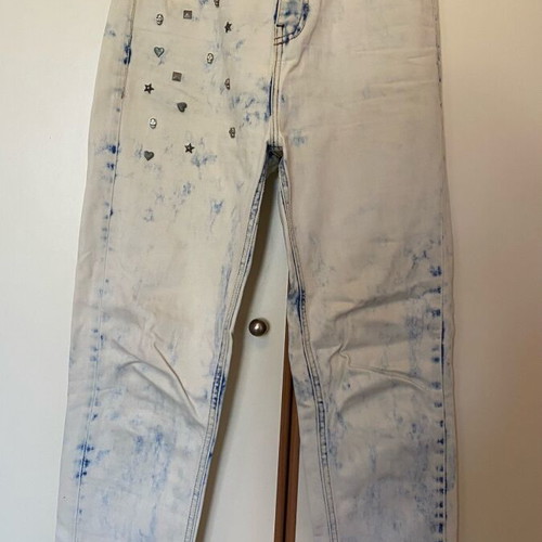High-waisted jeans like new with studs and faded details, cotton