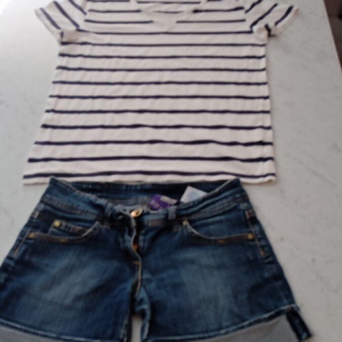 Bershka denim shorts and shirt used, white and blue