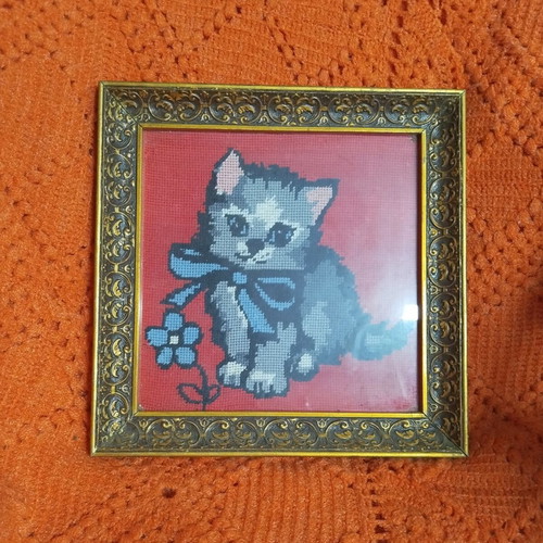 Vintage embroidered cat painting with frame and glass, like new
