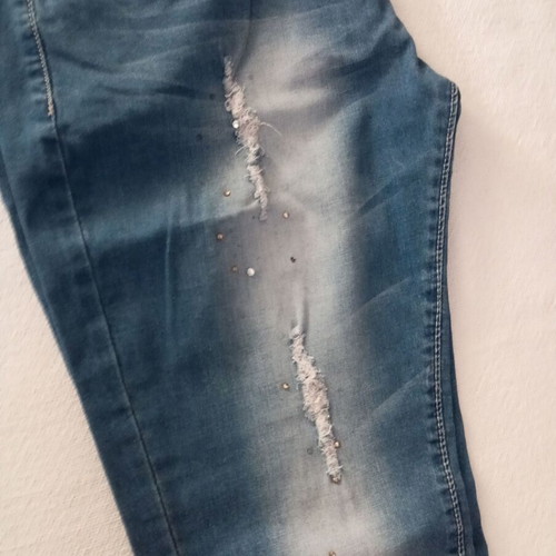 Girls' jeans with rhinestone details, slim fit, blue