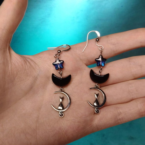 Handmade cat and moon earrings with crystals, stainless steel