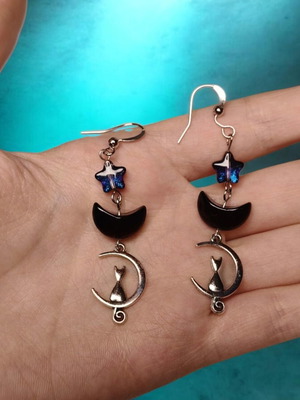 Handmade cat and moon earrings with crystals, stainless steel