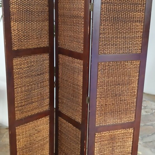 Wooden rattan bamboo 3-panel folding screen, 1.74m height, 0.43m width per panel
