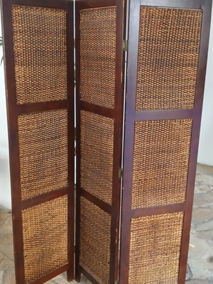 Wooden rattan bamboo 3-panel folding screen, 1.74m height, 0.43m width per panel