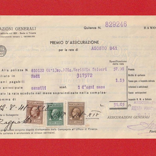 Assicurazioni Generali Life Insurance Payment Receipt used with 3 Marca da Bollo stamps
