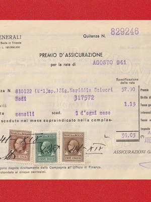 Assicurazioni Generali Life Insurance Payment Receipt used with 3 Marca da Bollo stamps