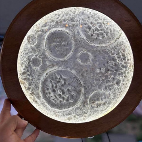 Handmade moon lamp with dimmer, wood, glass, and cement