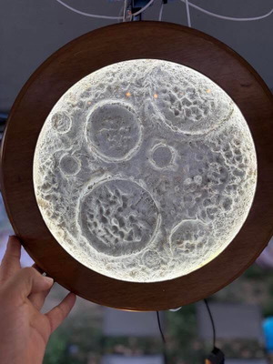 Handmade moon lamp with dimmer, wood, glass, and cement