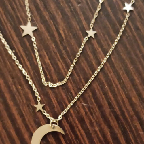 Steel necklace new with double chain and crescent moon detail
