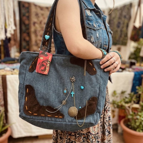 Denim shoulder bag Bestini Paris new with castor and turquoise charms